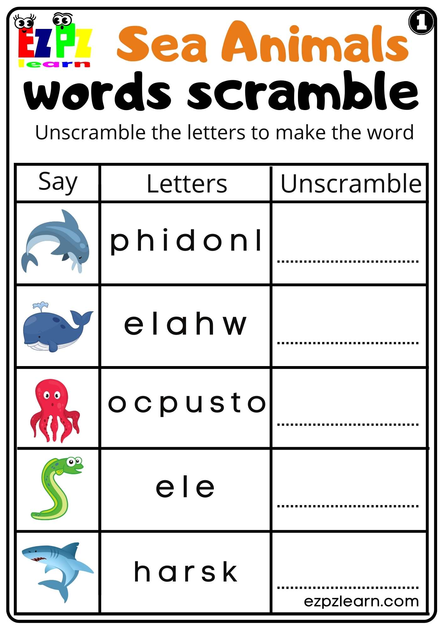 Sea Animals Word Scramble Worksheet For Kids and ESL Set 1 Free PDF Download